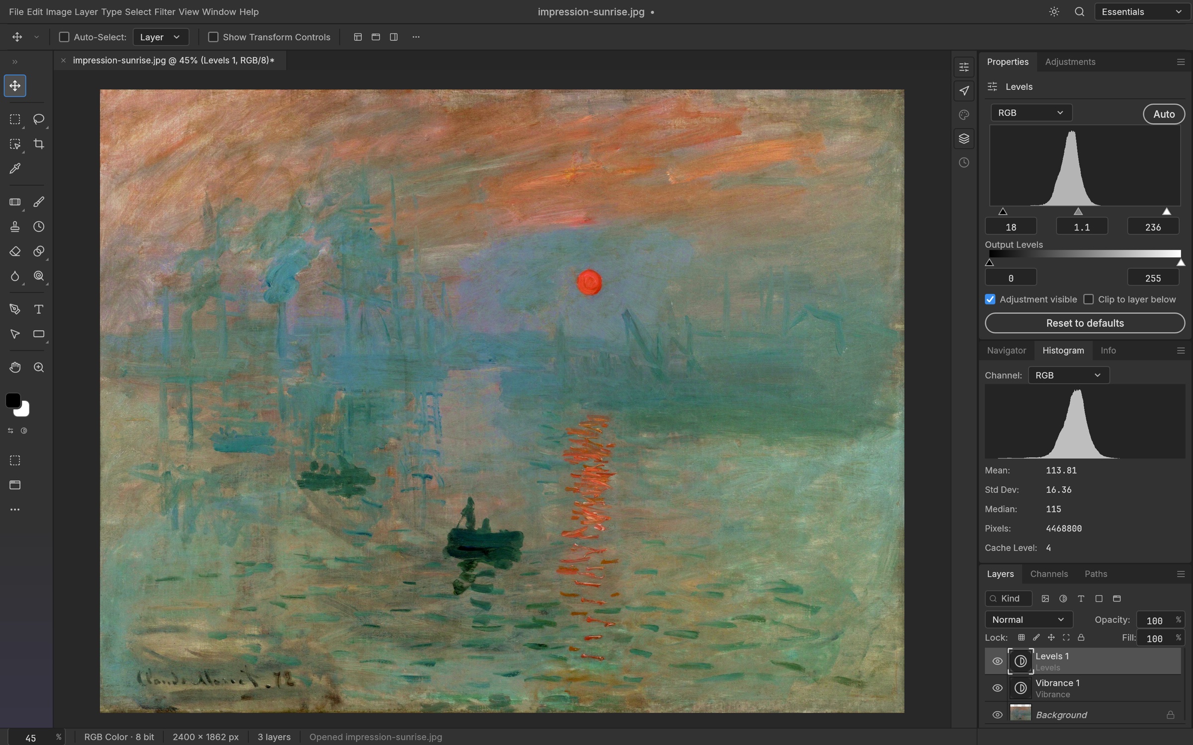 PhotoCraft editing Monet’s Impression, Sunrise with Levels, Vibrance, a histogram and the Layers panel.